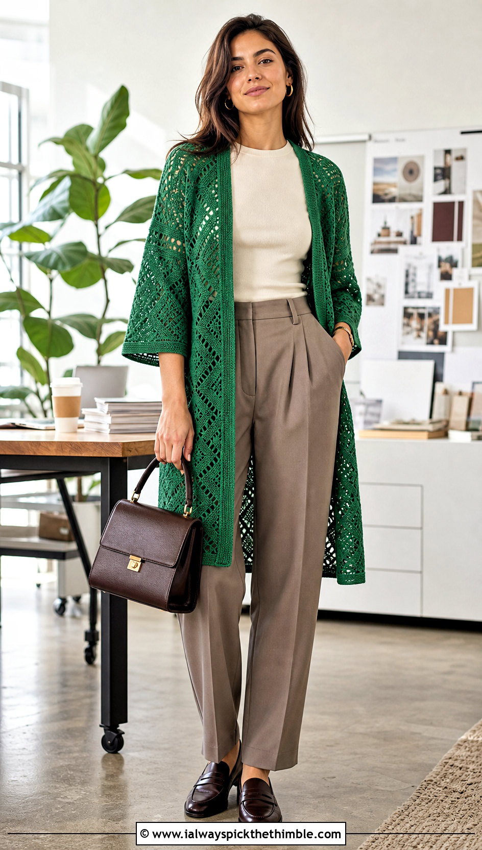 Geometric Crochet Kimono Cardigan With Pleated Trousers - 25 crochet kimono cardigan outfit ideas