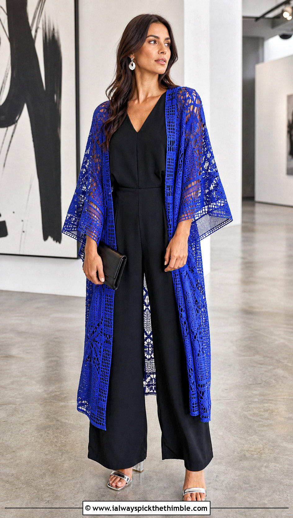 Geometric Crochet Kimono With Black Jumpsuit - 25 crochet kimono outfit ideas