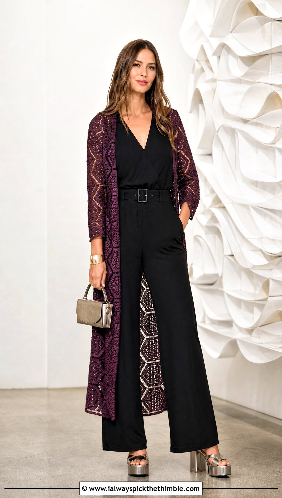 Geometric Crochet Kimono With Black Jumpsuit - 20 easy crochet kimono outfit ideas