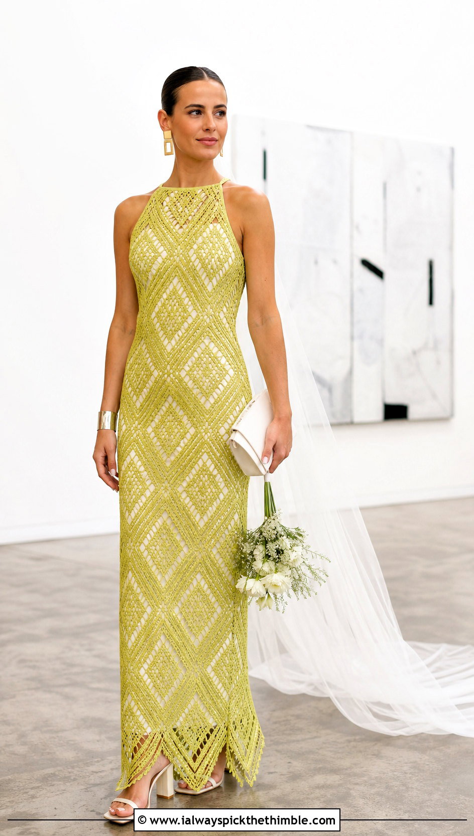 Geometric Crochet Lace Column Wedding Dress - 20 crochet lace wedding dress outfit ideas