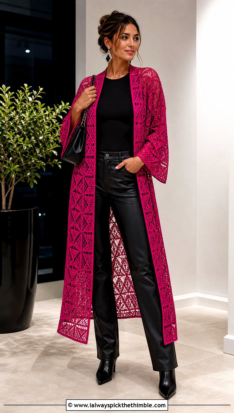 Geometric Crochet Lace Kimono With Leather Pants - 20 crochet lace kimono outfit ideas