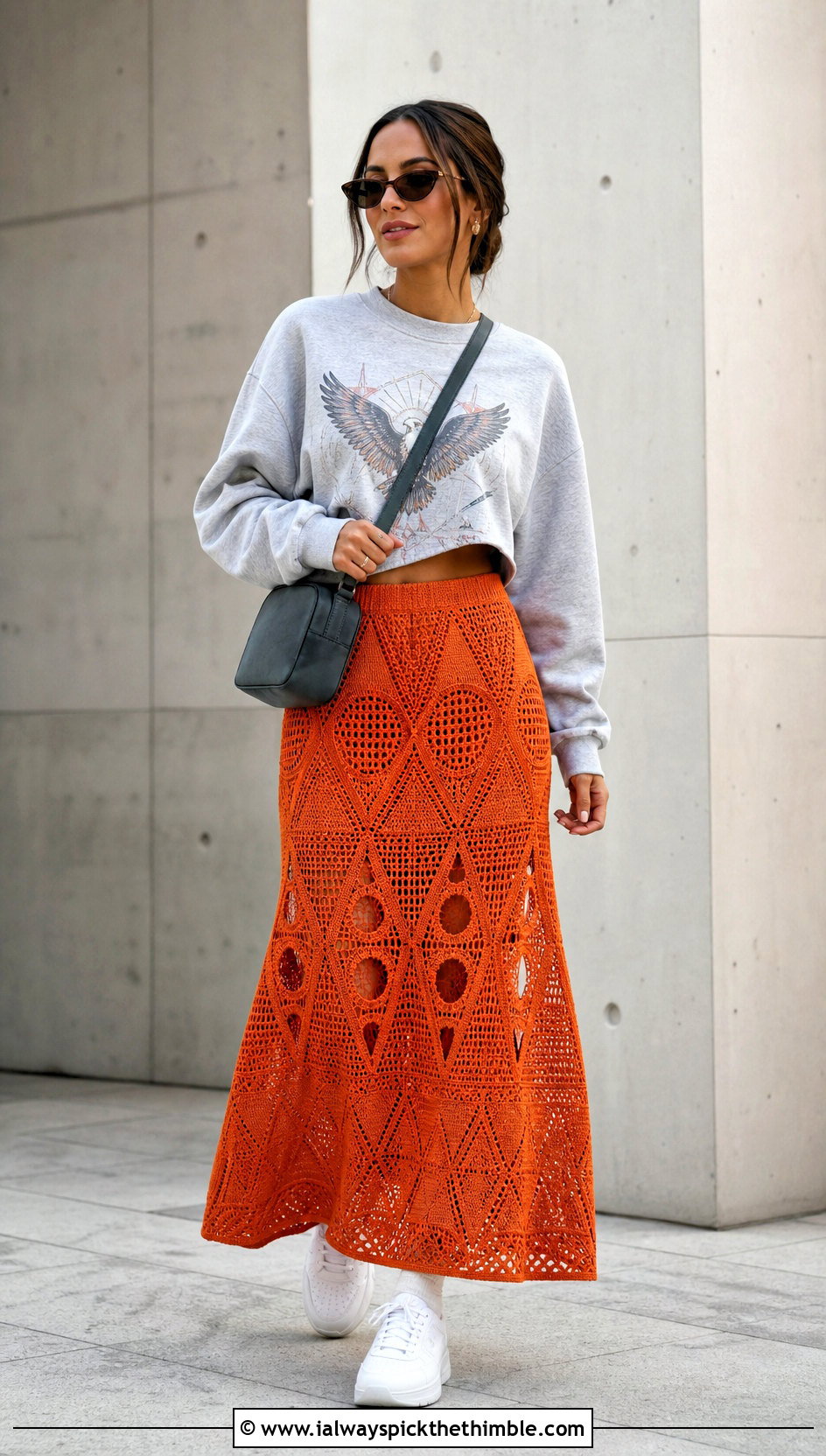 Geometric Crochet Long Skirt With Graphic Sweatshirt - 25 crochet long skirt outfit ideas