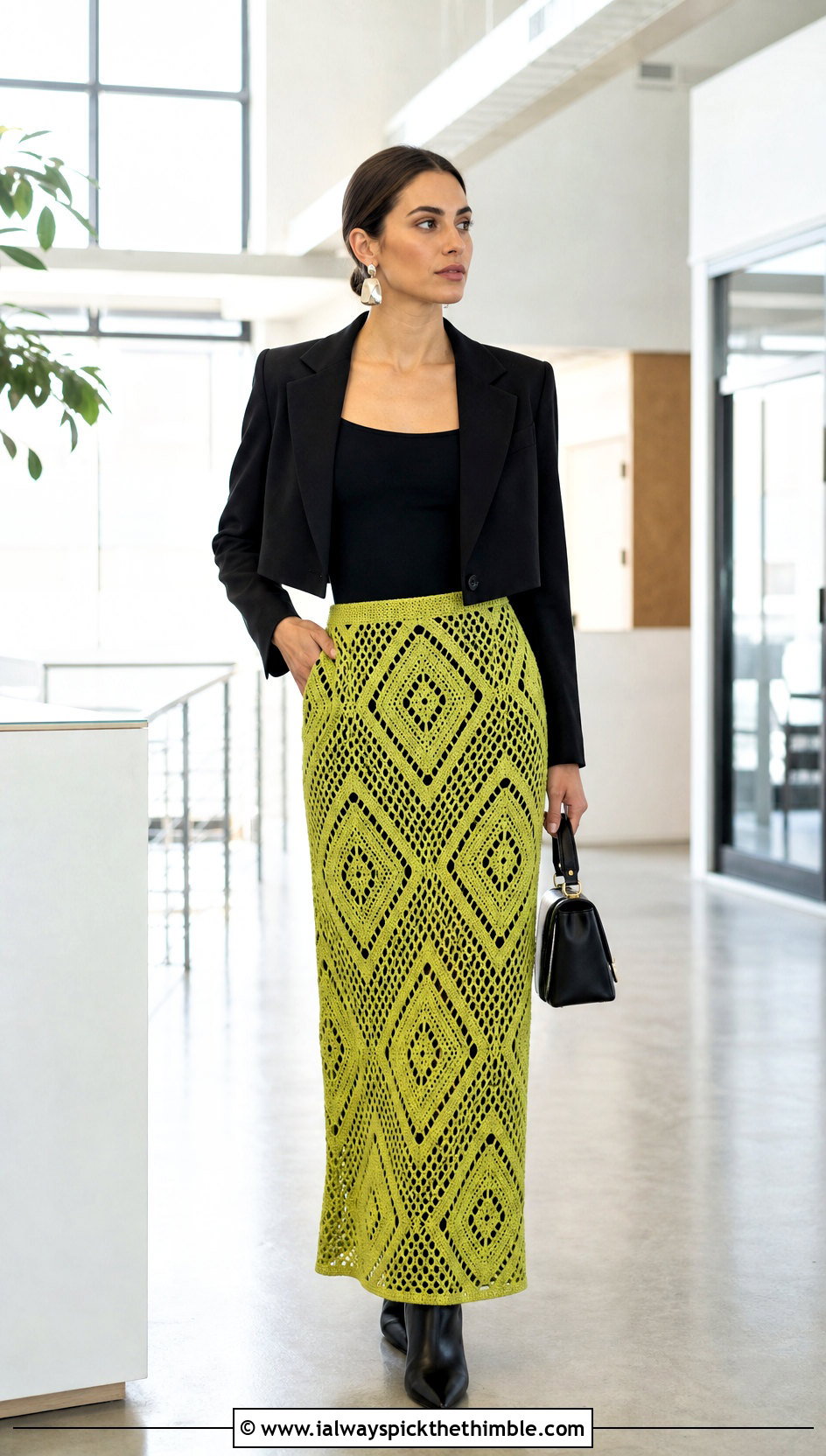 Geometric Crochet Maxi Skirt With Cropped Blazer - 25 crochet maxi skirt outfit ideas