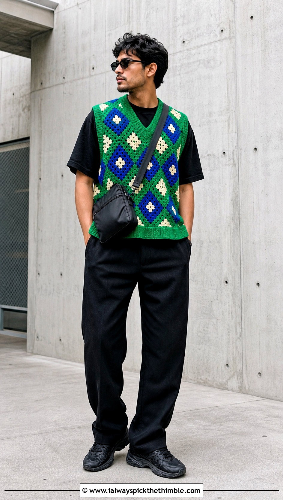 Geometric Crochet Mens Sweater Vest With Monochrome Streetwear - 20 crochet mens sweater vest outfit ideas