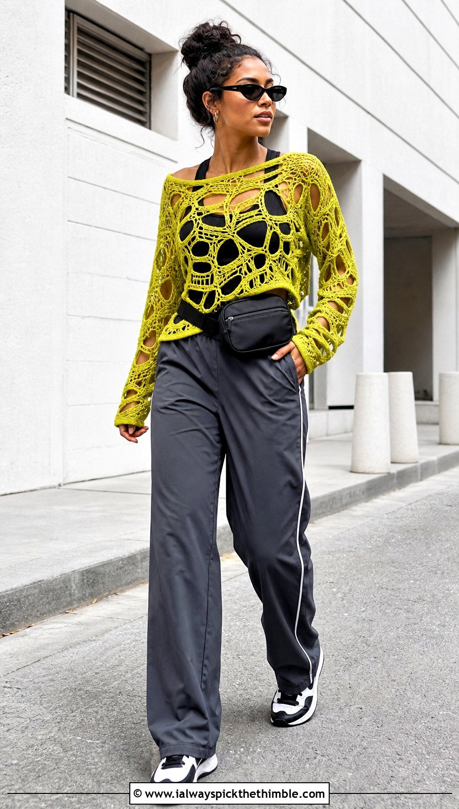 Geometric Crochet Mesh Top With Track Pants - 20 Crochet Holey Top outfit ideas