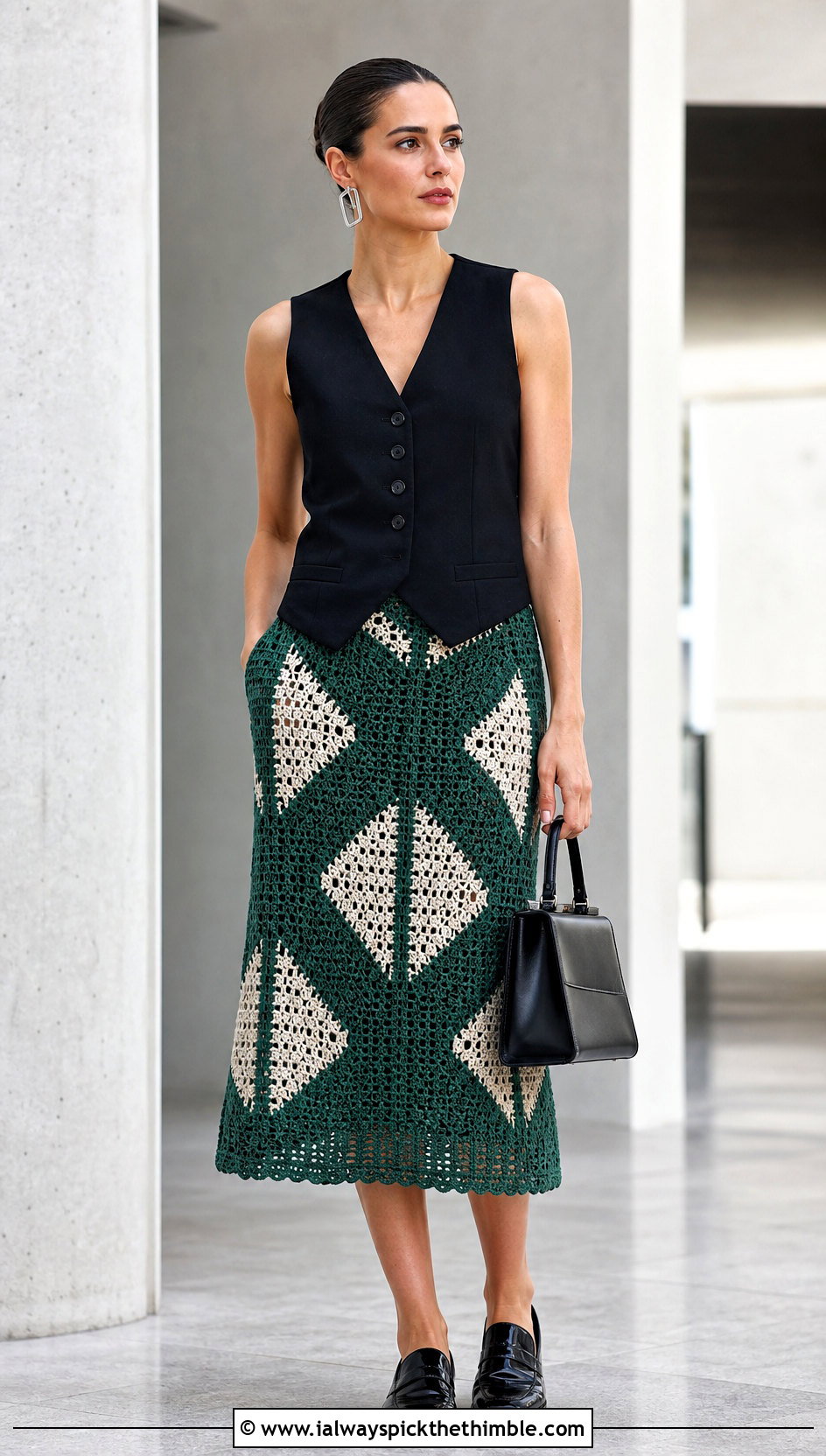 Geometric Crochet Midi Skirt With Tailored Waistcoat - 25 crochet midi skirt outfit ideas