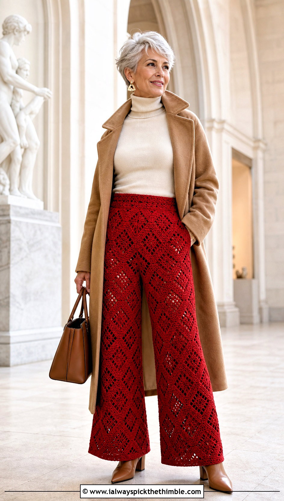 Geometric Crochet Palazzo Pants With Fitted Turtleneck - 20 crochet palazzo pants outfit ideas