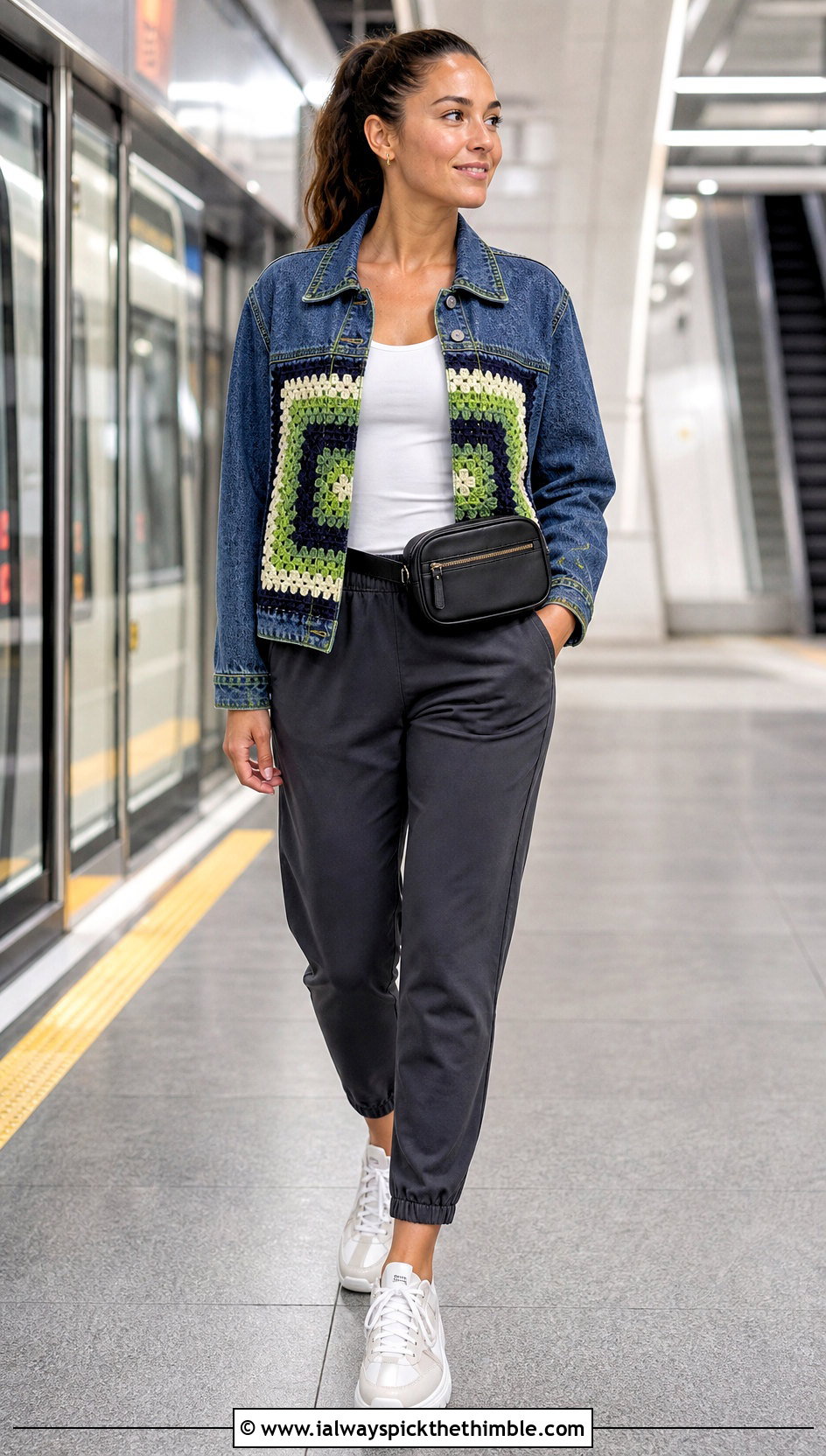 Geometric Crochet Panel Denim Jacket With Track Pants - 20 crochet denim jacket outfit ideas