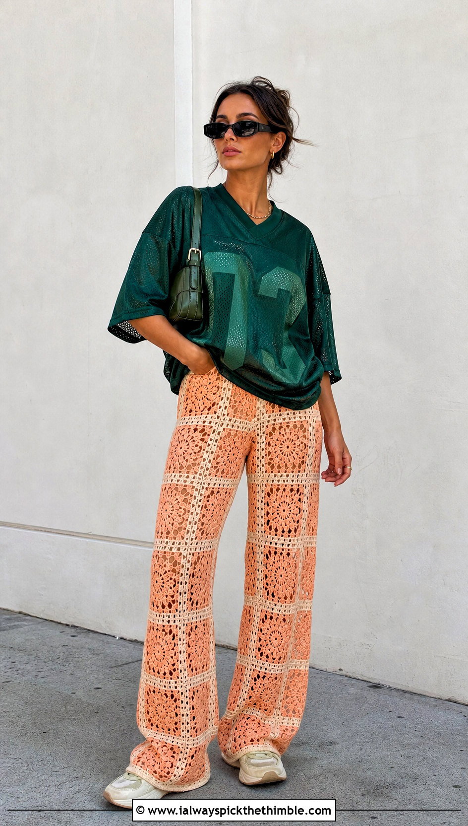 Geometric Crochet Pants With Sports Jersey - 25 crochet pants outfit ideas