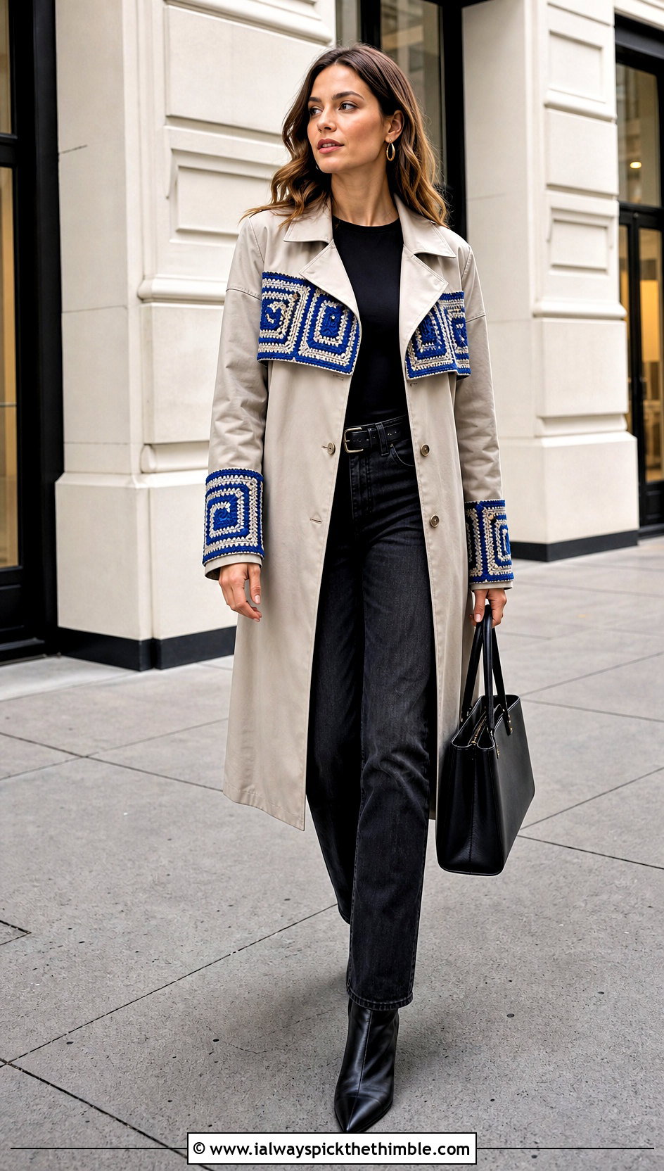 Geometric Crochet Patch Trench Coat Outfit - 20 crochet patches on clothes and outfit ideas