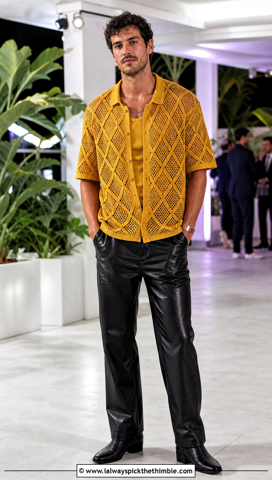 Geometric Crochet Polo Shirt With Leather Pants - 15 Mens Crochet Collared Shirt outfit ideas