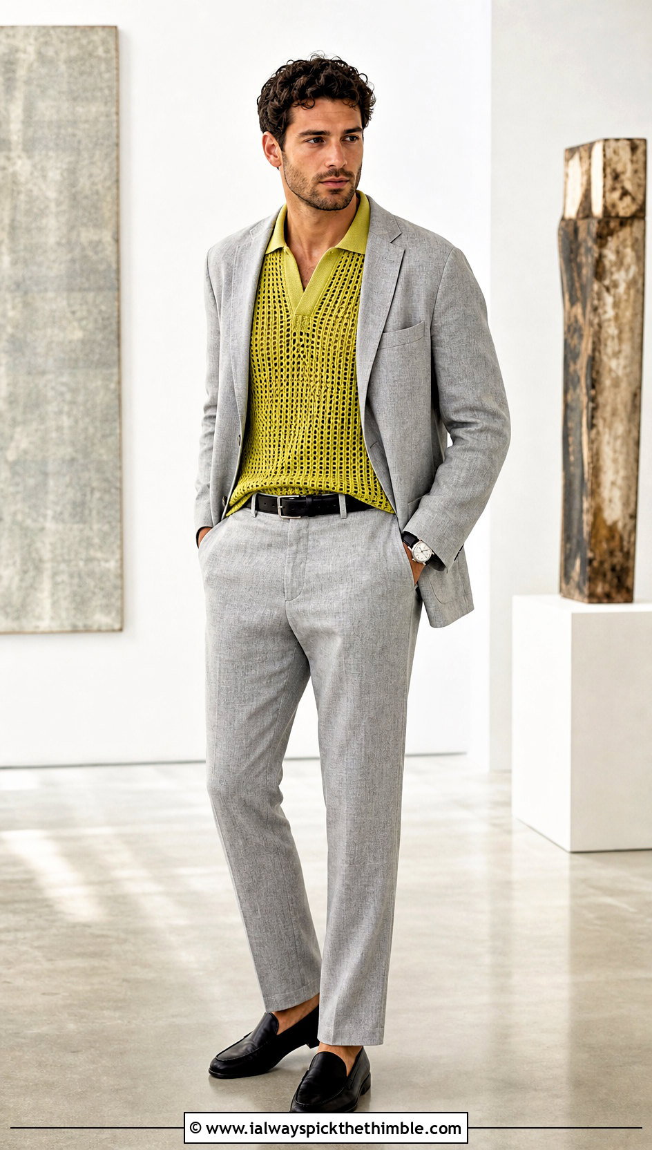 Geometric Crochet Polo With A Relaxed Suit - 15 Mens Crochet Polo Shirt outfit ideas
