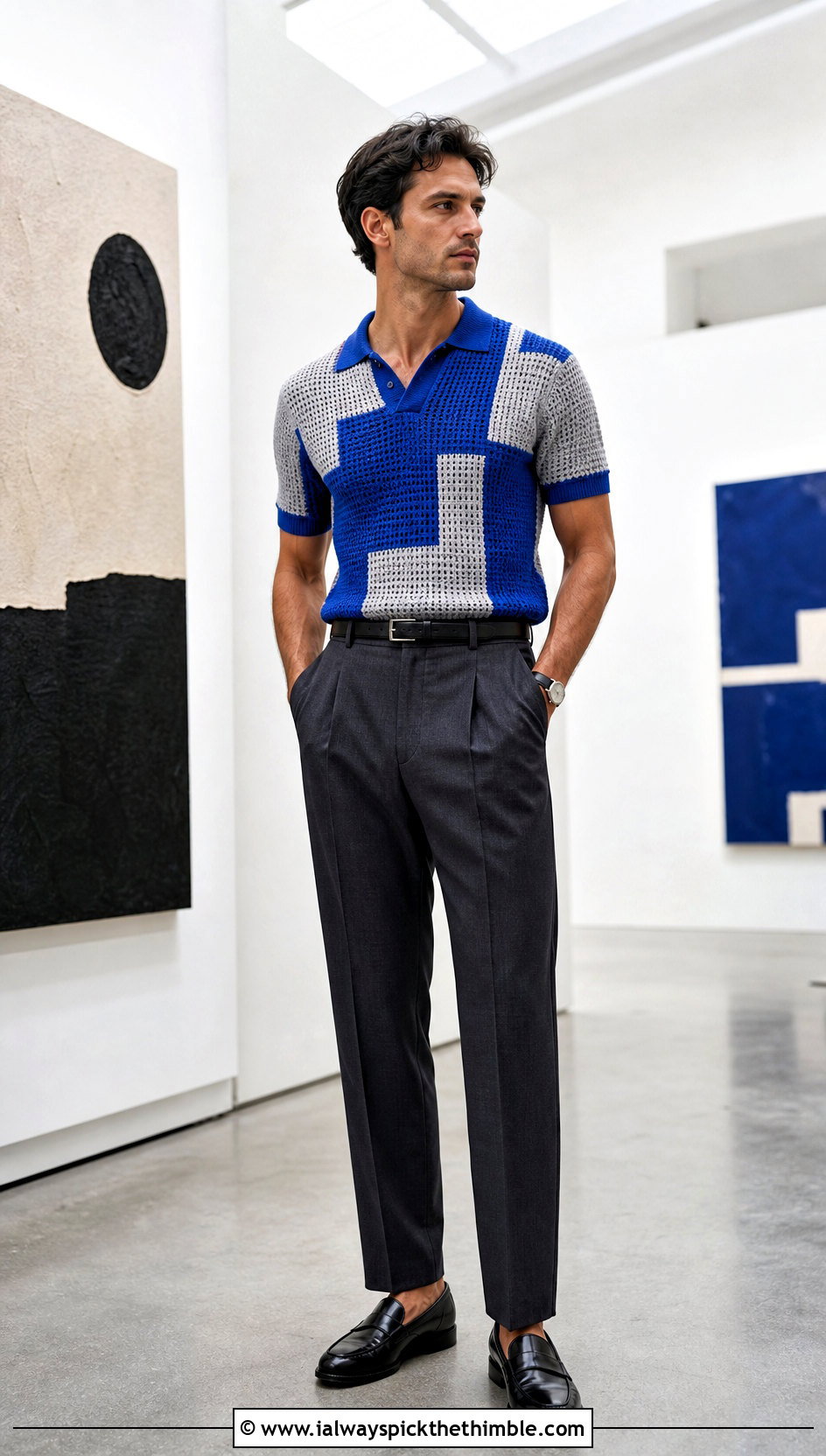 Geometric Crochet Polo With Pleated Trousers - 25 crochet male shirt outfit ideas