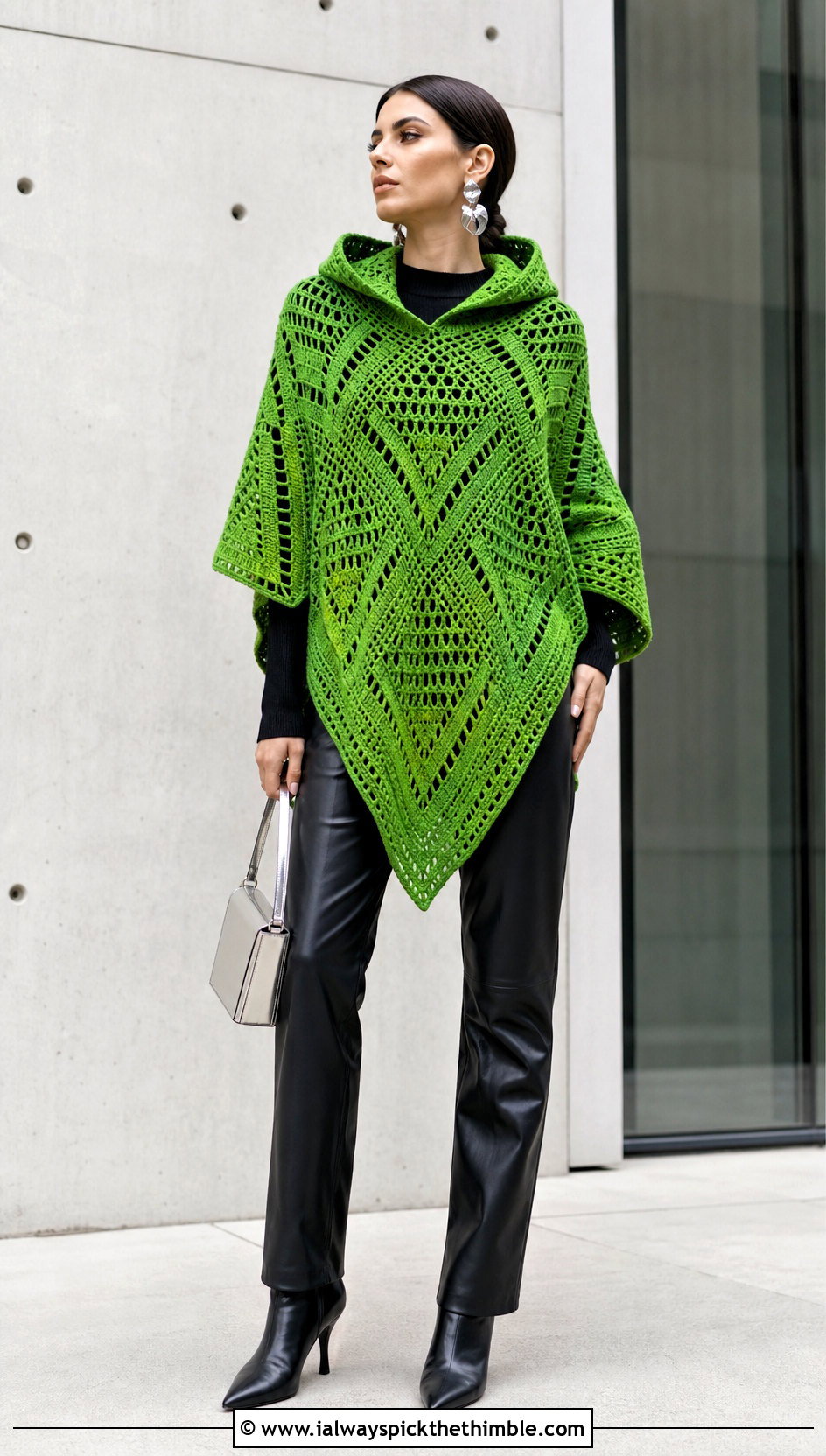 Geometric Crochet Poncho With Hood and Leather Pants - 25 crochet poncho with hood outfit ideas