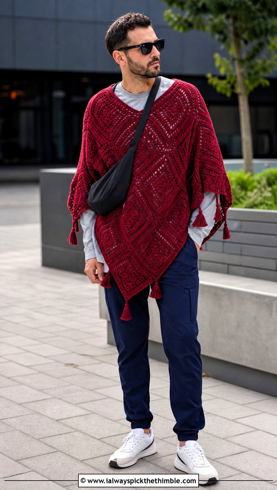 Geometric Crochet Poncho With Track Pants - 20 mens crochet poncho outfit ideas