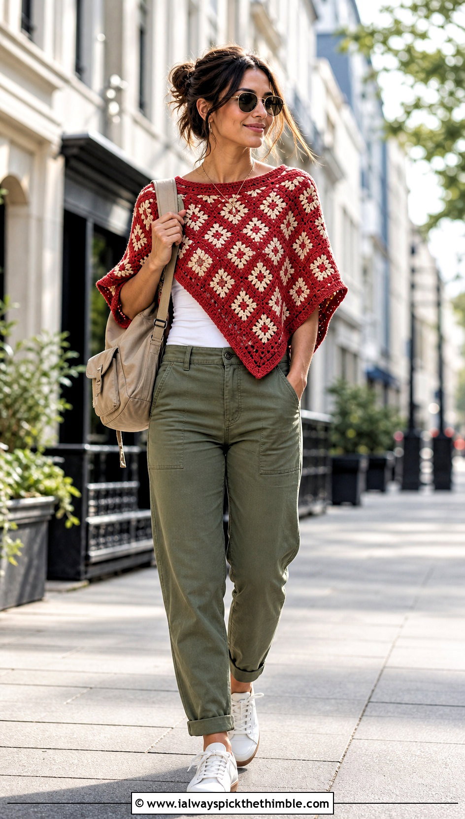 Geometric Crochet Poncho With Utility Pants - 15 Vintage Crochet Poncho outfit ideas
