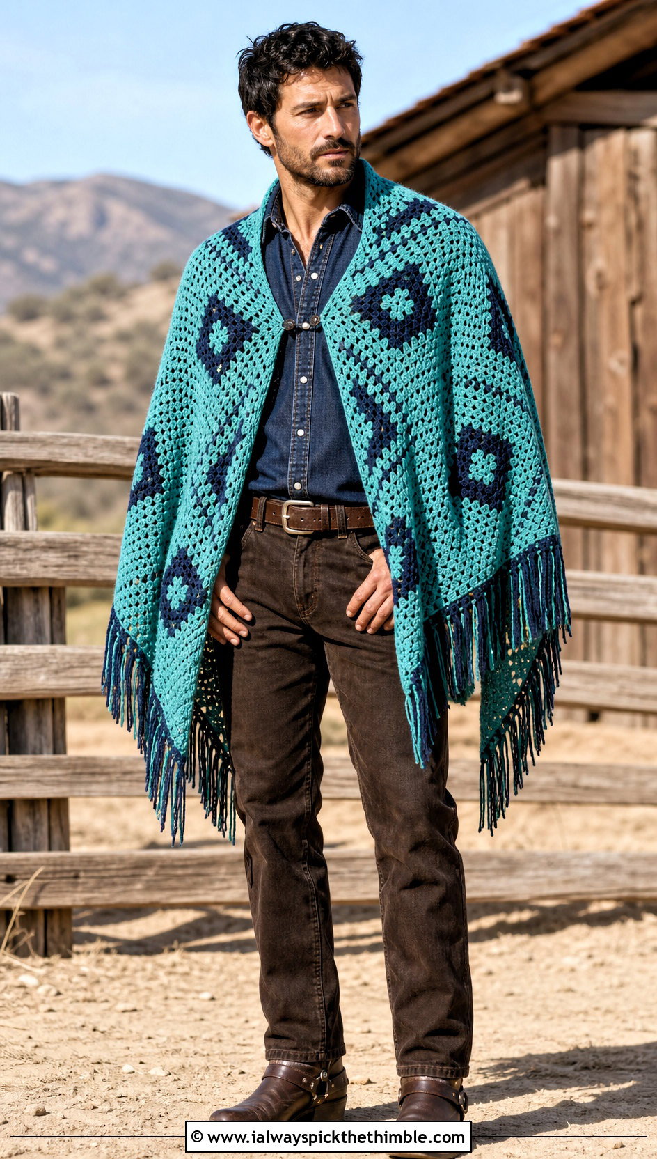 Geometric Crochet Poncho With Western Denim - 20 men crochet poncho outfit ideas