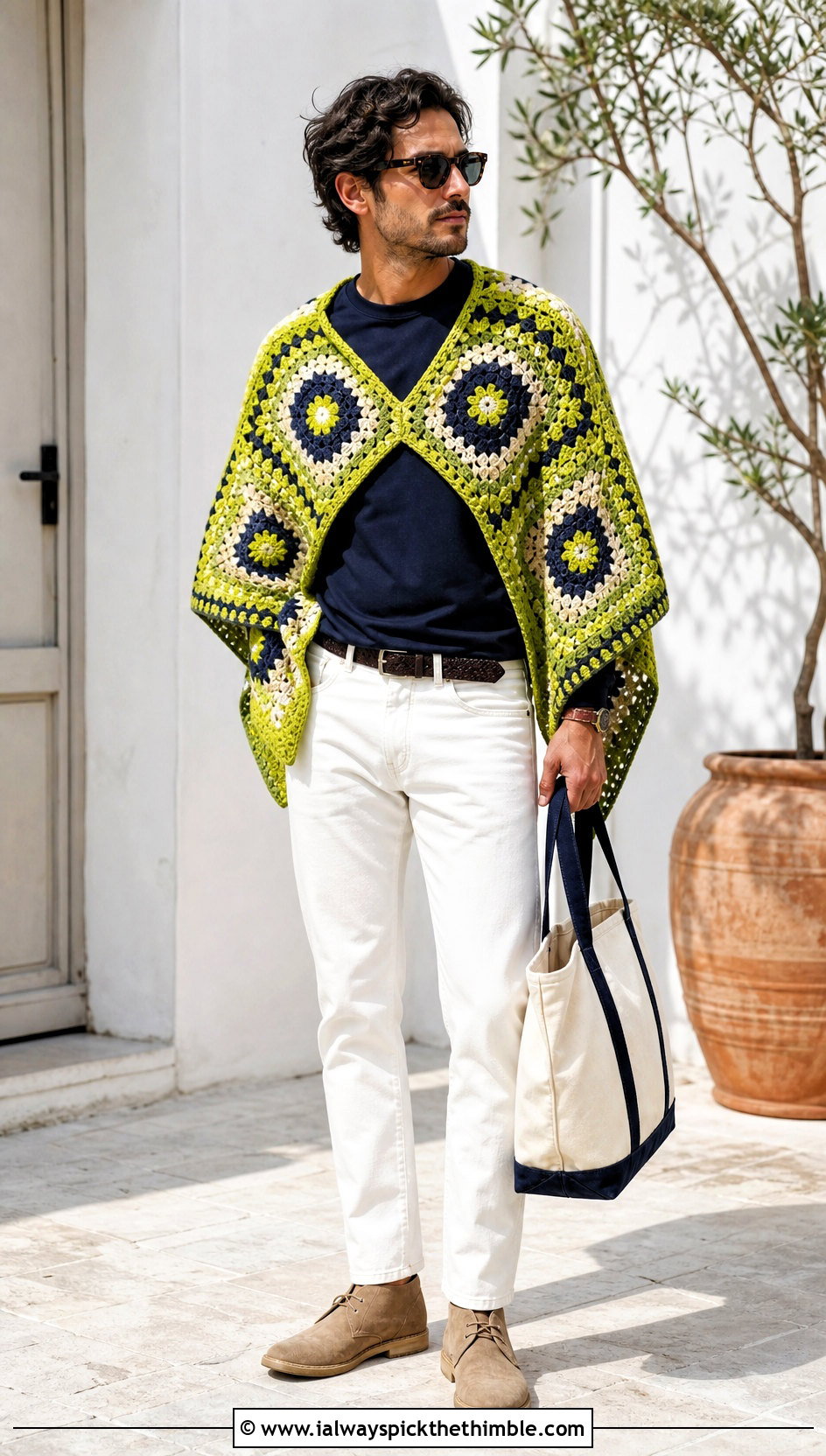 Geometric Crochet Poncho With White Jeans - 20 crochet men's poncho outfit ideas