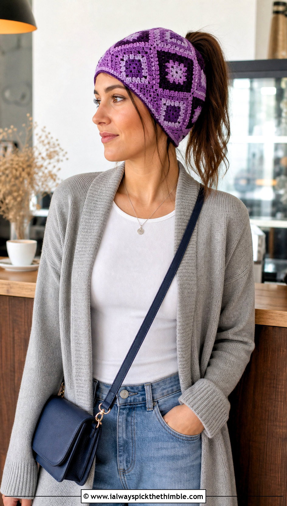 Geometric Crochet Ponytail Hat With Long Cardigan - 20 crochet hat with ponytail hole outfit ideas