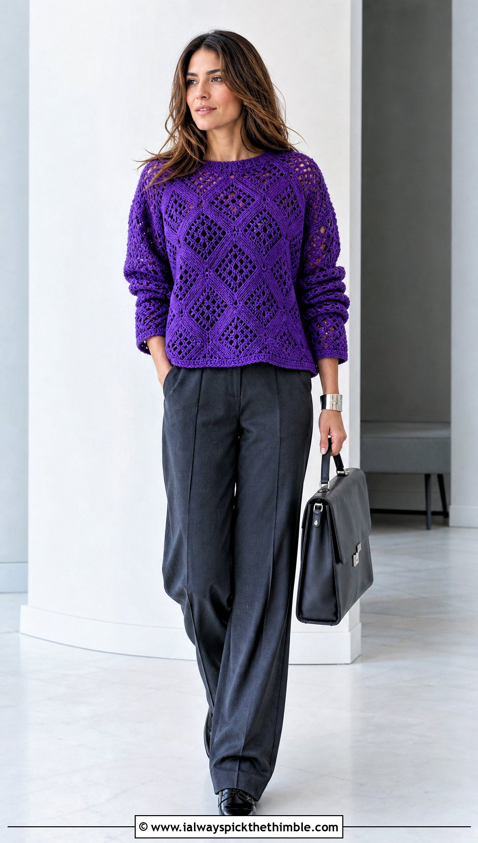 Geometric Crochet Pullover With Suit Trousers - 25 crochet pullover outfit ideas