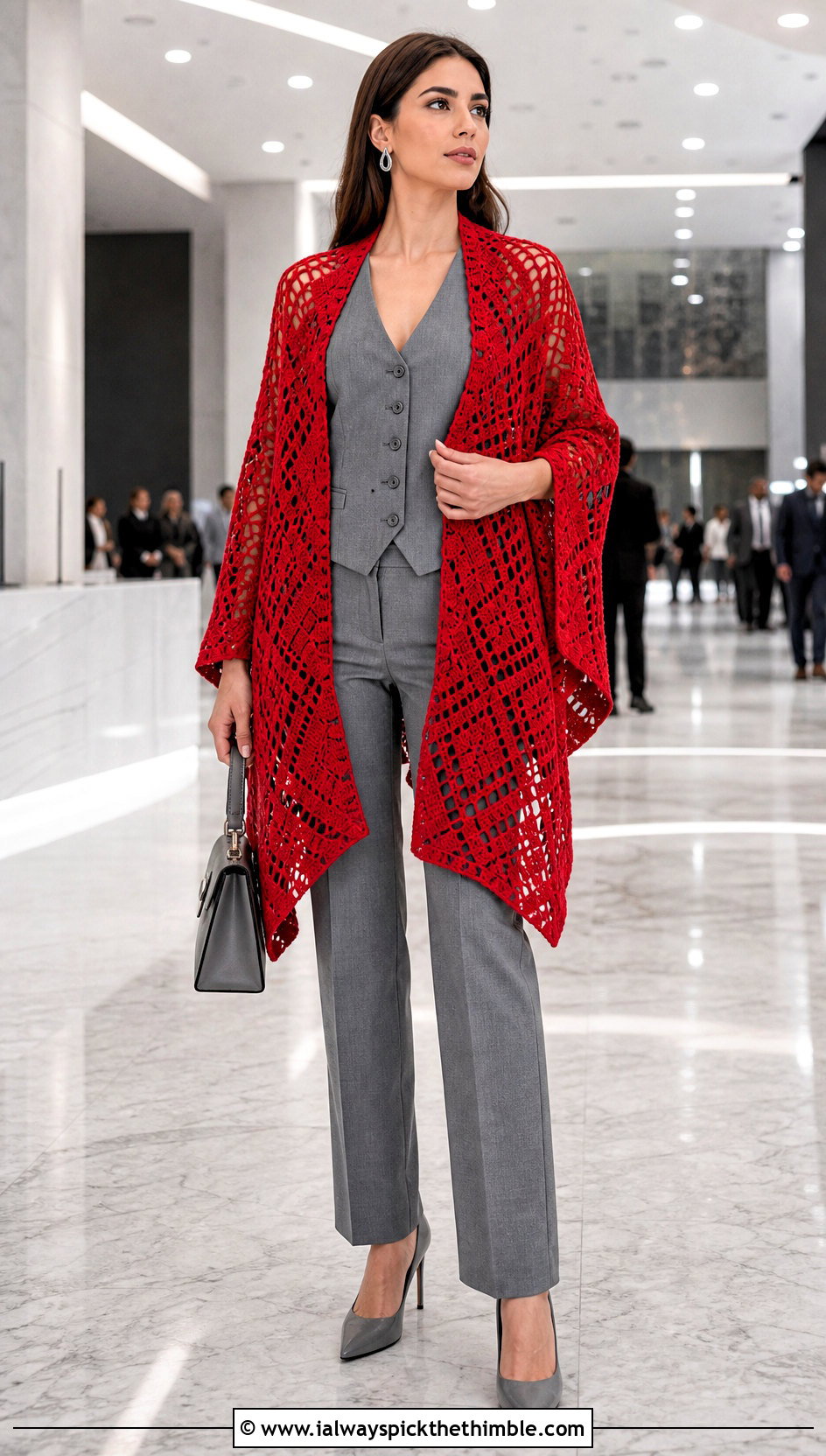 Geometric Crochet Ruana With Monochrome Suit - 25 crochet ruana outfit ideas