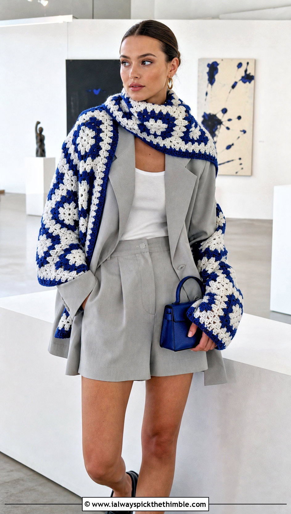 Geometric Crochet Scarf With Sleeves And Blazer - 25 crochet scarf with sleeves outfit ideas