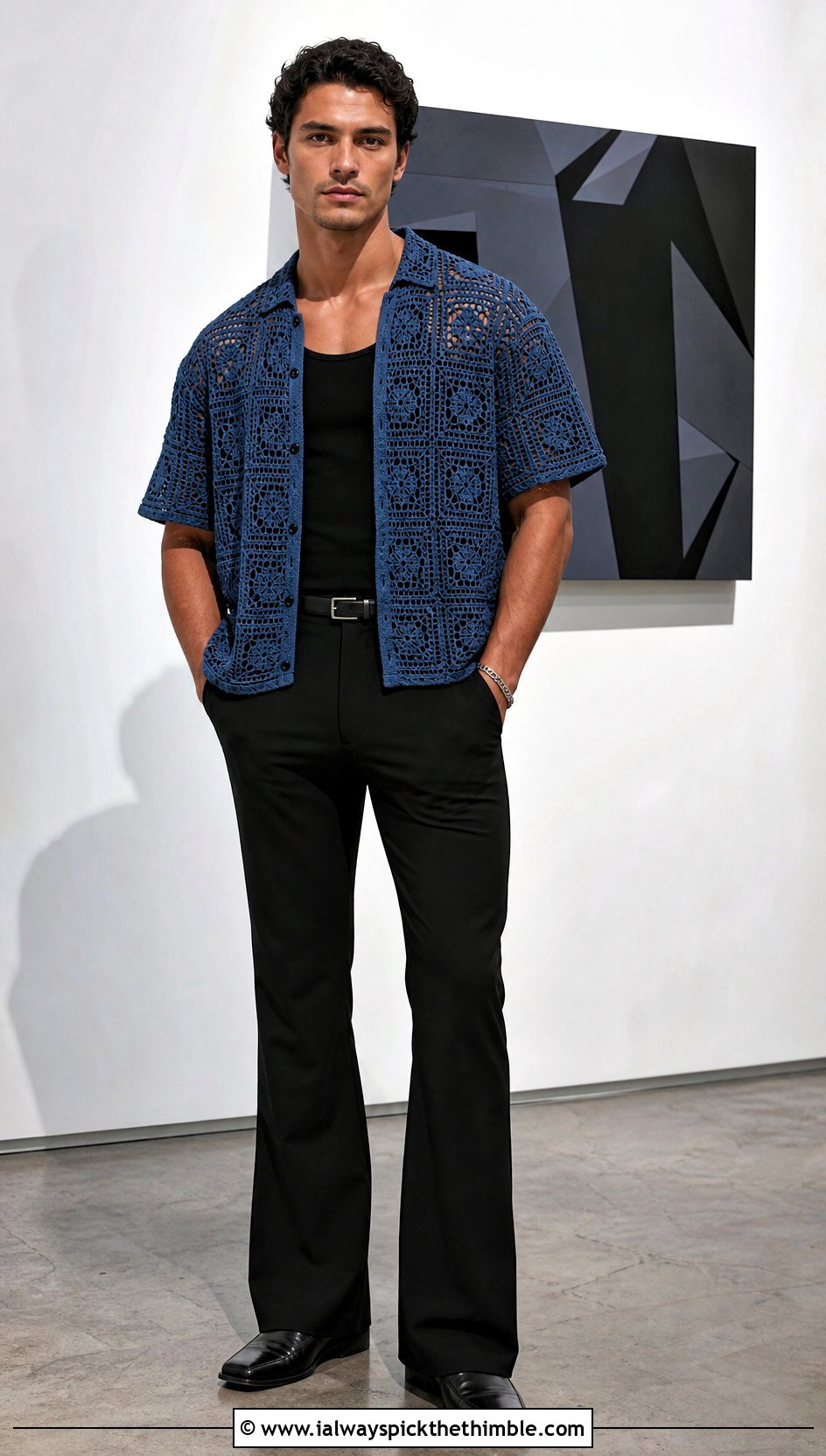 Geometric Crochet Shirt With Black Trousers - 25 crochet men shirt outfit ideas