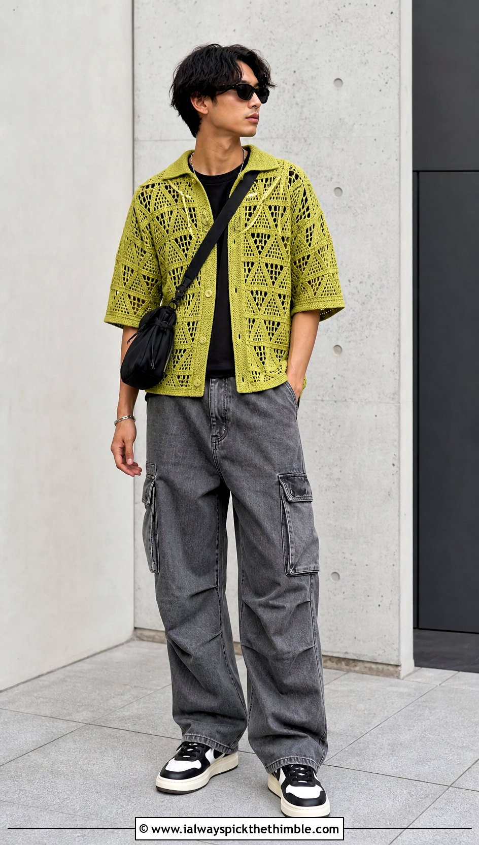 Geometric Crochet Shirt With Cargo Pants - 25 men's crochet shirt outfit ideas