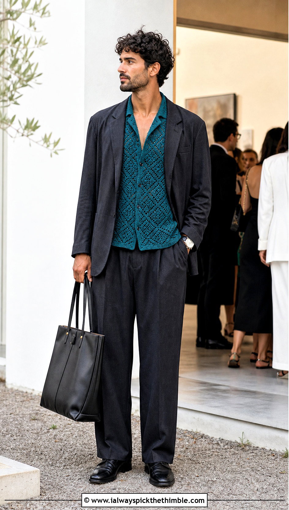 Geometric Crochet Shirt With Relaxed Suiting - 25 crochet shirt men outfit ideas