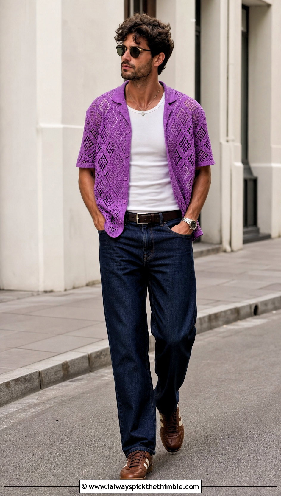 Geometric Crochet Shirt With Straight Jeans - 25 Mens Crochet Top outfit ideas