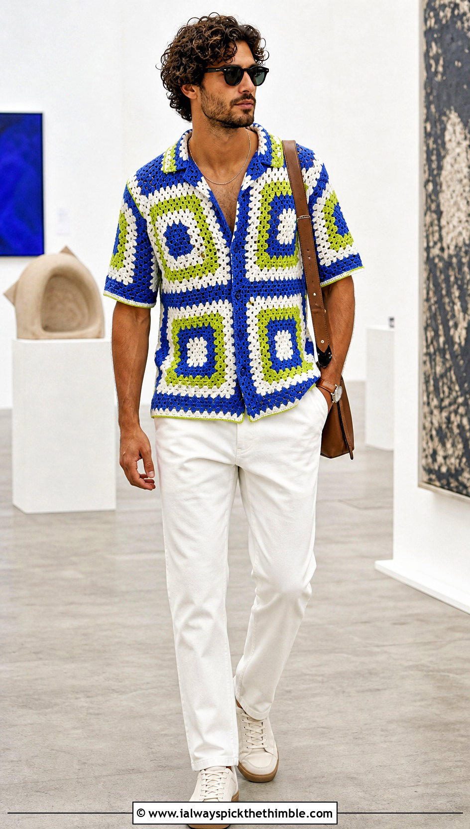 Geometric Crochet Shirt With White Jeans - 25 crochet top for men outfit ideas