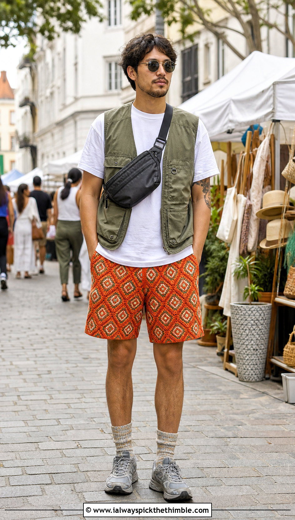Geometric Crochet Shorts With Utility Vest - 20 Crochet Shorts Mens outfit ideas