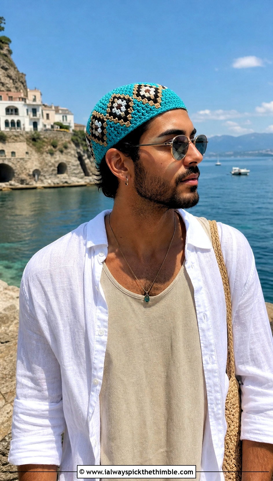 Geometric Crochet Skull Cap With Linen Shirt And Shorts - 20 Mens Crochet Skull Cap outfit ideas