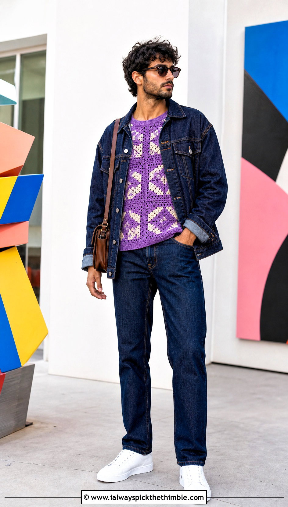 Geometric Crochet Sweater With Denim Suit - 25 men's crochet sweater ideas