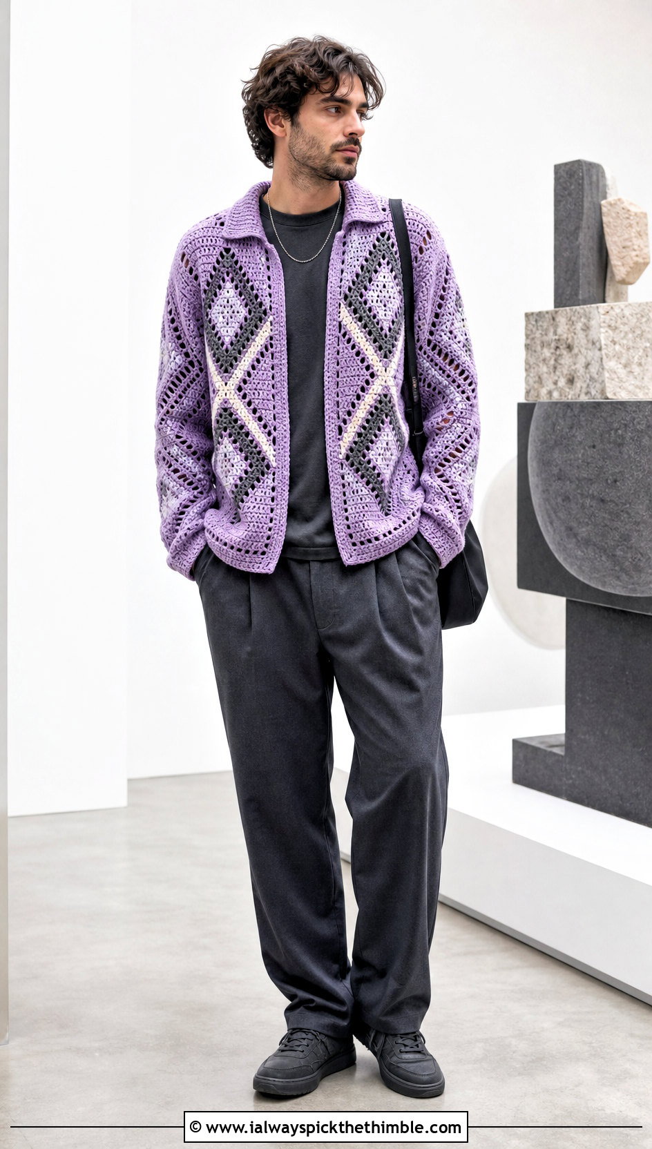 Geometric Crochet Sweater With Monochrome Outfit - 25 crochet sweater for men outfit ideas