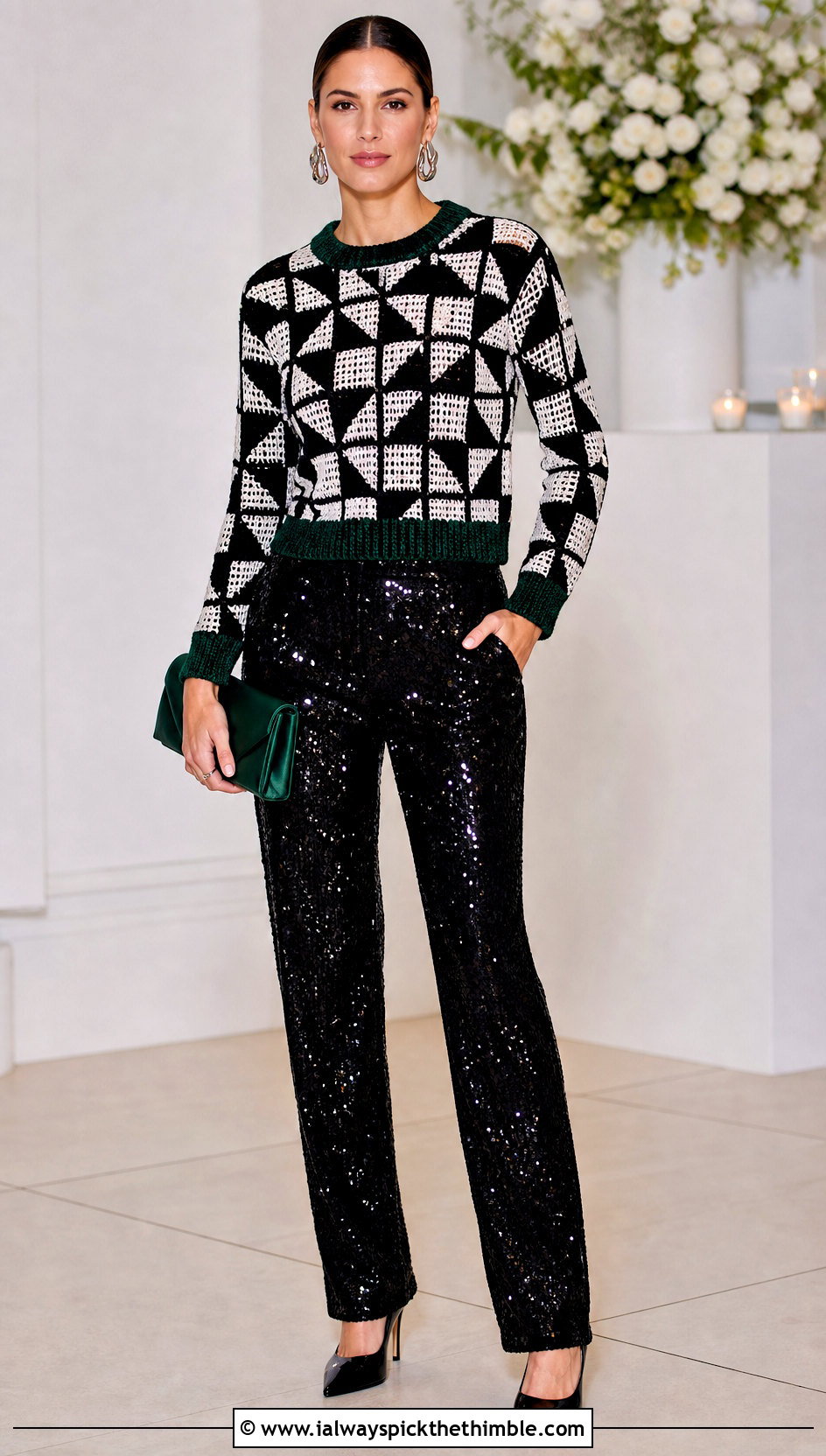Geometric Crochet Sweater With Sequin Pants - 25 black and white crochet sweater outfit ideas