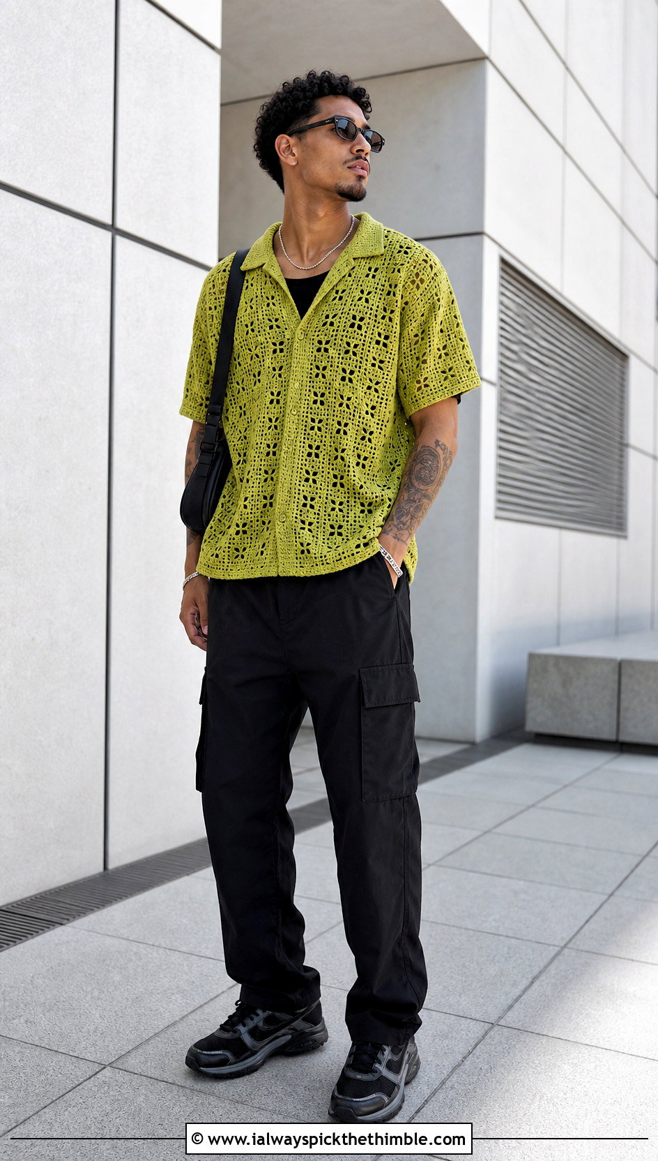 Geometric Crochet T Shirt With Cargo Pants - 20 men crochet top outfit ideas