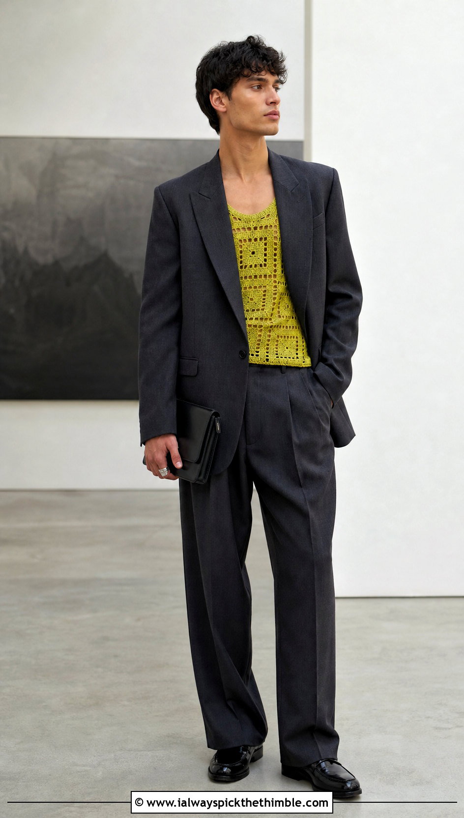 Geometric Crochet Tank Top With Tailored Suit - 20 Mens Crochet Tank Top outfit ideas
