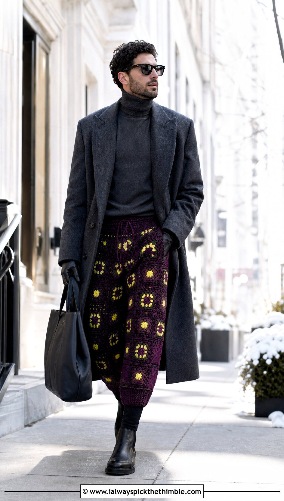 Geometric Crochet Trousers With Turtleneck And Overcoat - 20 mens crochet pants outfit ideas