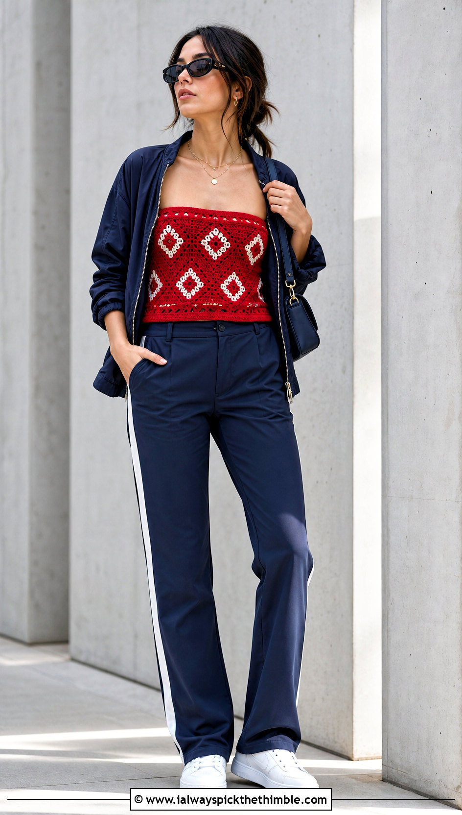 Geometric Crochet Tube Top With Track Pants - 25 crochet tube top outfit ideas