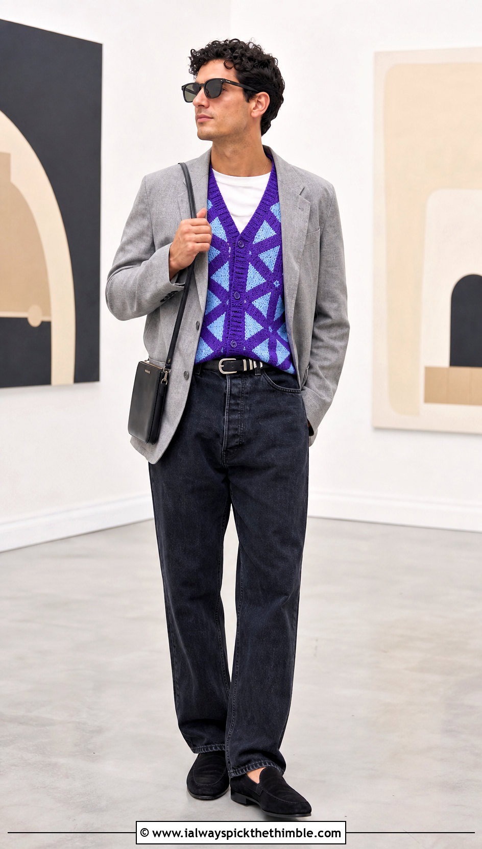 Geometric Crochet Vest With Blazer And Relaxed Jeans - 20 mens crochet vest outfit ideas