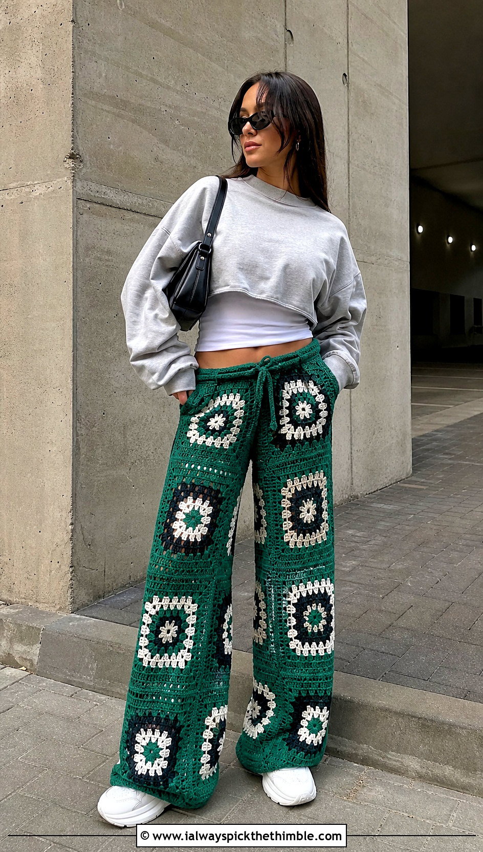 Geometric Crochet Wide Leg Pants With Cropped Sweatshirt - 20 crochet wide leg pants outfit ideas