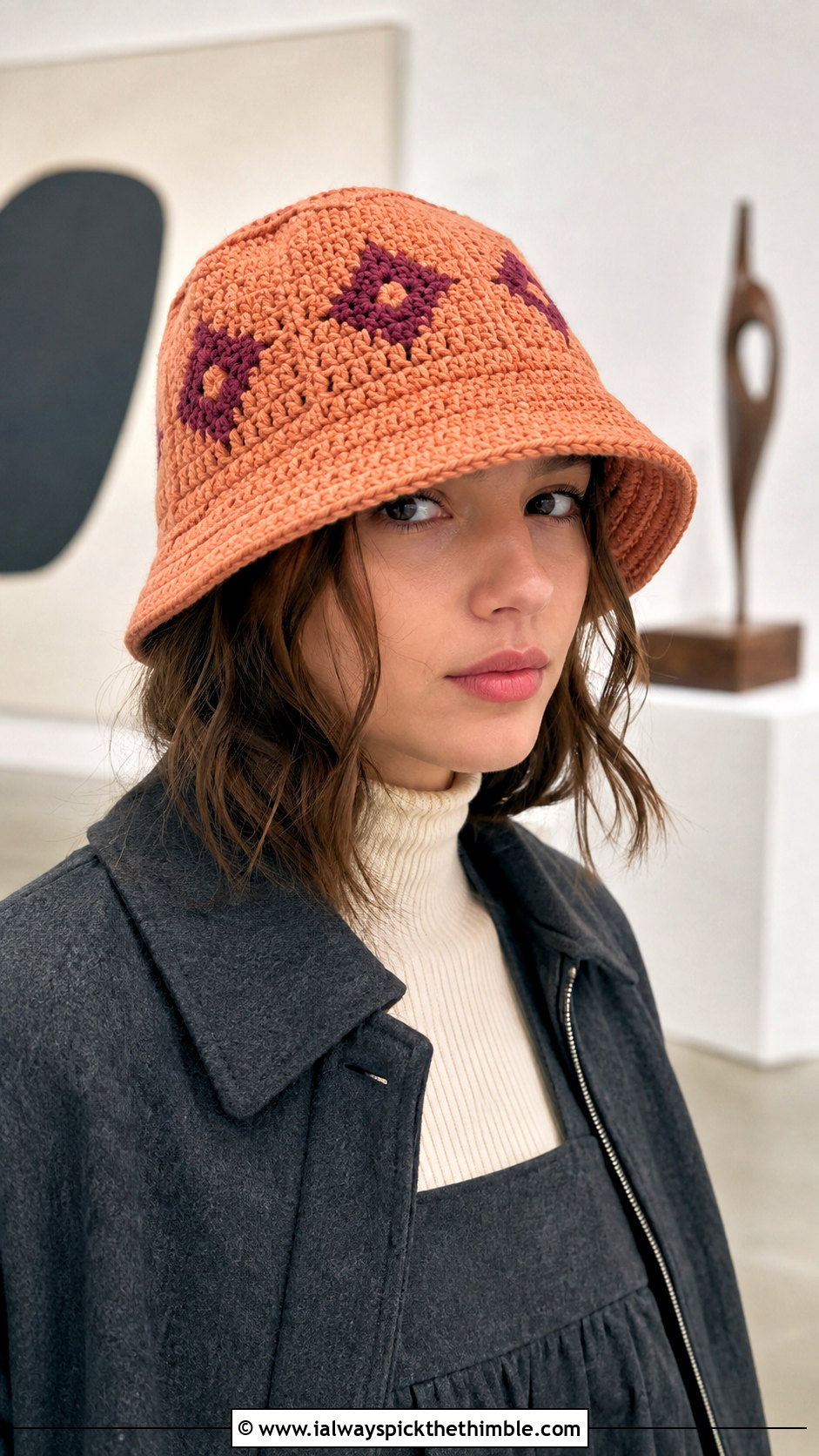 Geometric Crochet Winter Bucket Hat With Pinafore Dress - 25 crochet winter bucket hat outfit ideas