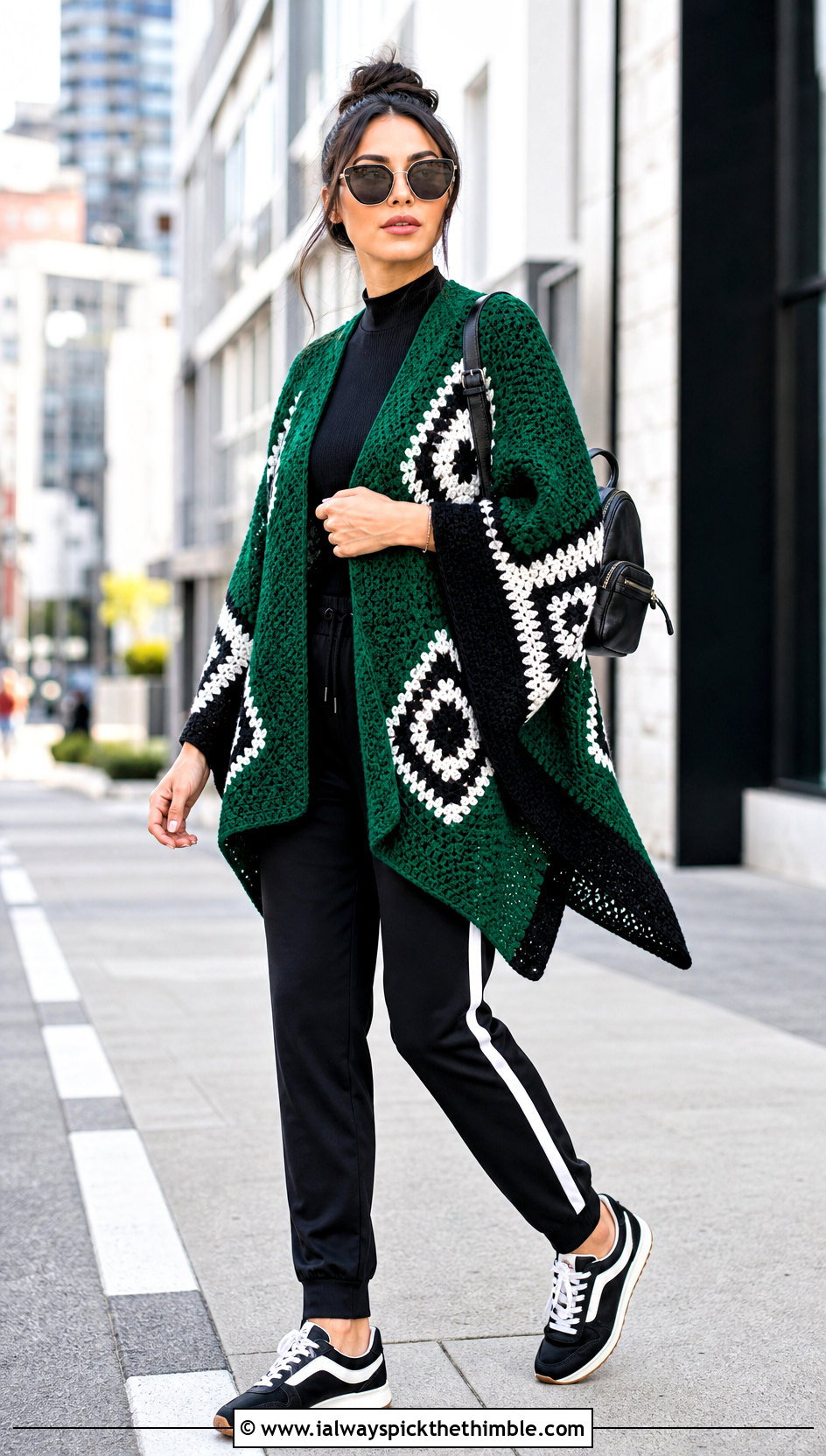 Geometric Crocheted Ruana With Track Pants - 20 Crocheted Ruana outfit ideas