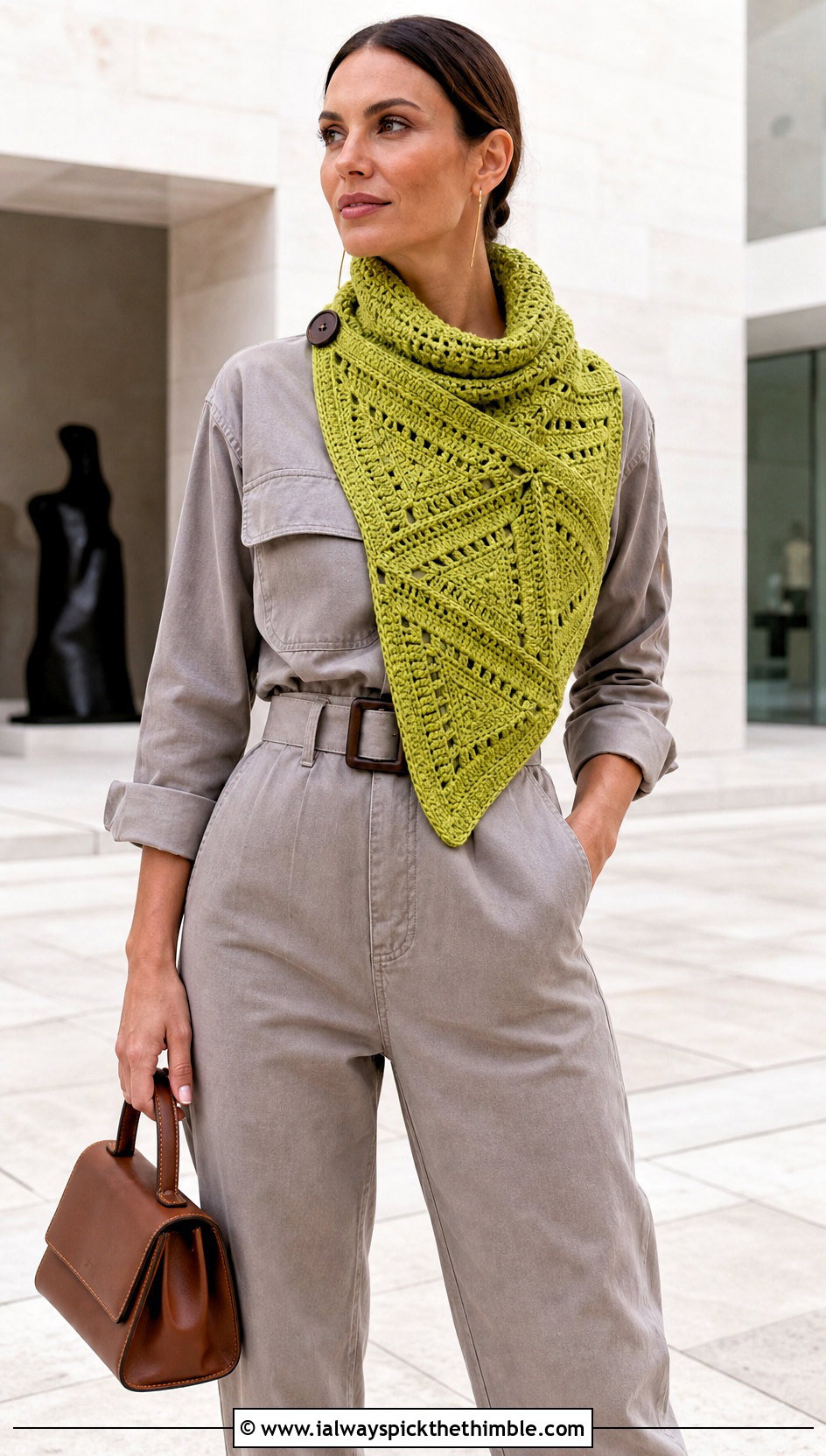 Geometric Crossbody Crochet Cowl With Utility Jumpsuit - 15 Crossbody Crochet Cowl outfit ideas