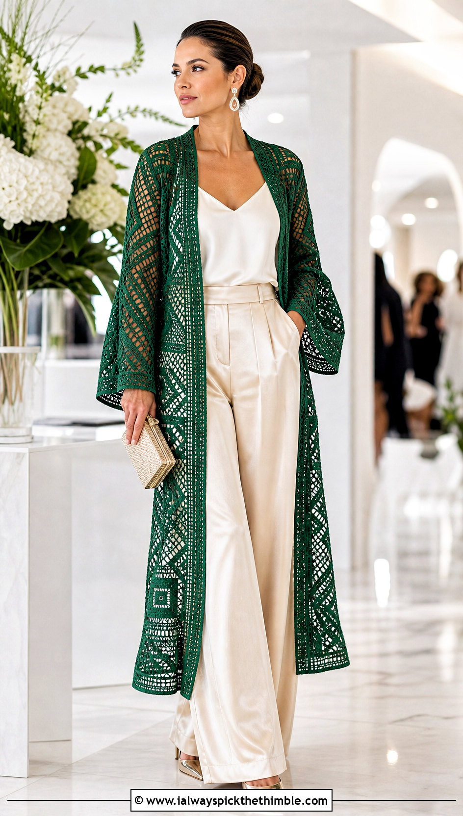 Geometric Filet Crochet Kimono With Satin Trousers - 15 crochet kimono cover up outfit ideas