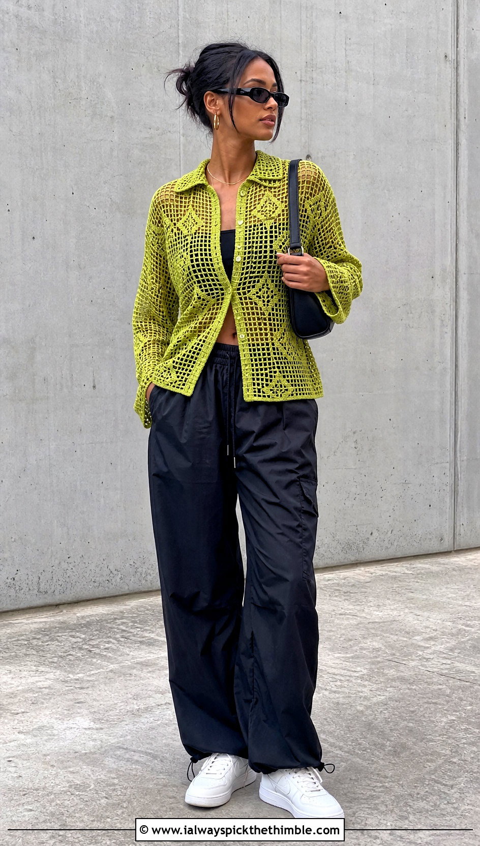 Geometric Filet Crochet Shirt With Parachute Pants - 20 filet crochet shirt outfit ideas