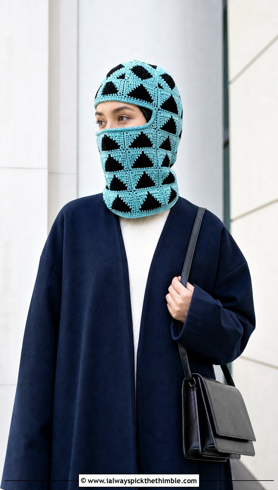 Geometric Granny Square Balaclava With Minimalist Maxi Coat - 20 crochet granny square balaclava outfit ideas