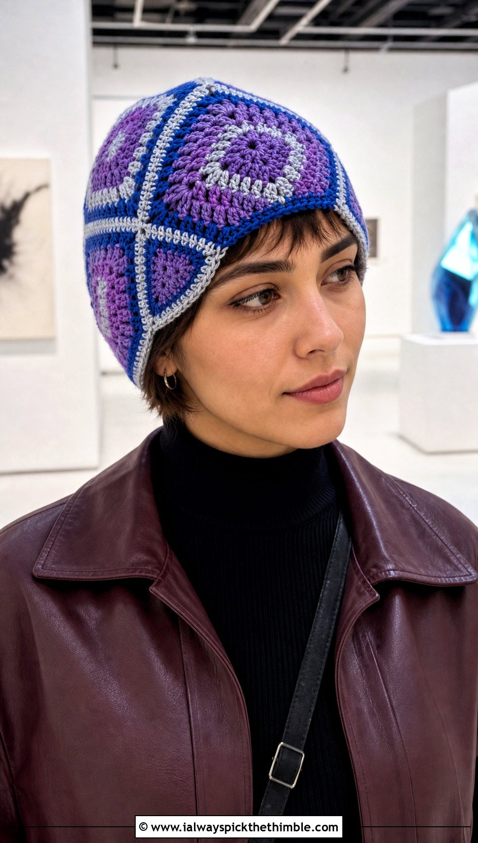 Geometric Granny Square Beanie With Pleated Skirt - 25 crochet granny square beanie outfit ideas