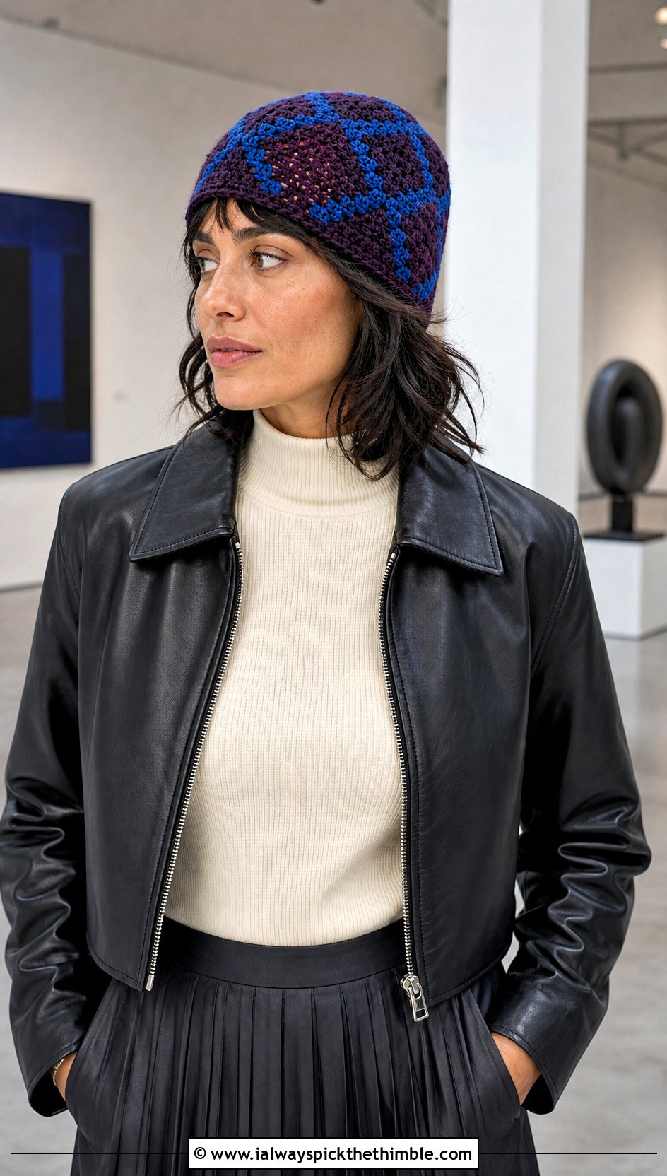 Geometric Granny Square Beanie With Pleated Skirt - 20 granny square beanie outfit ideas